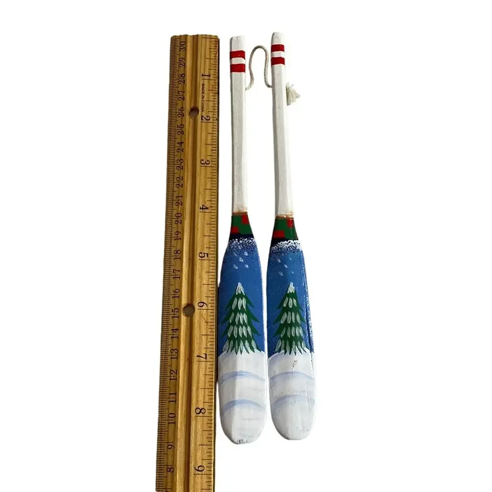 Vintage Wooden Canoe Oar Paddle Christmas Ornament Hand Painted Tree Pair Cabin